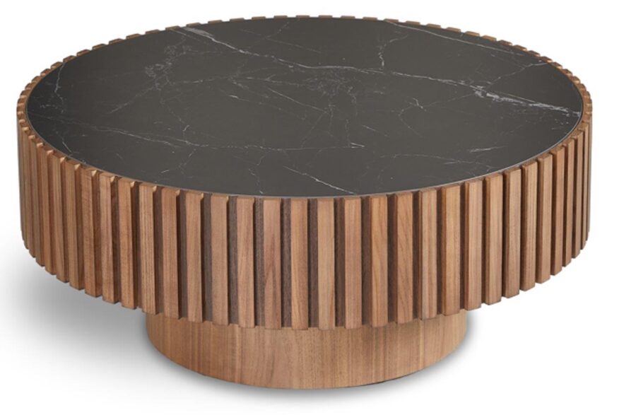 Levi – Round Coffee Table Small – Ceramic Black + Veneer Walnut