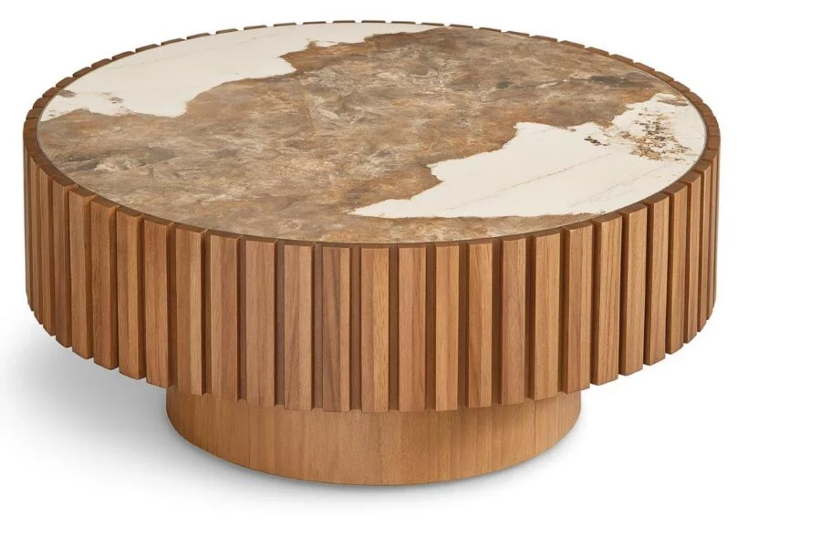 Levi – Round Coffee Table Small – Ceramic Elysium Brown + Veneer Walnut